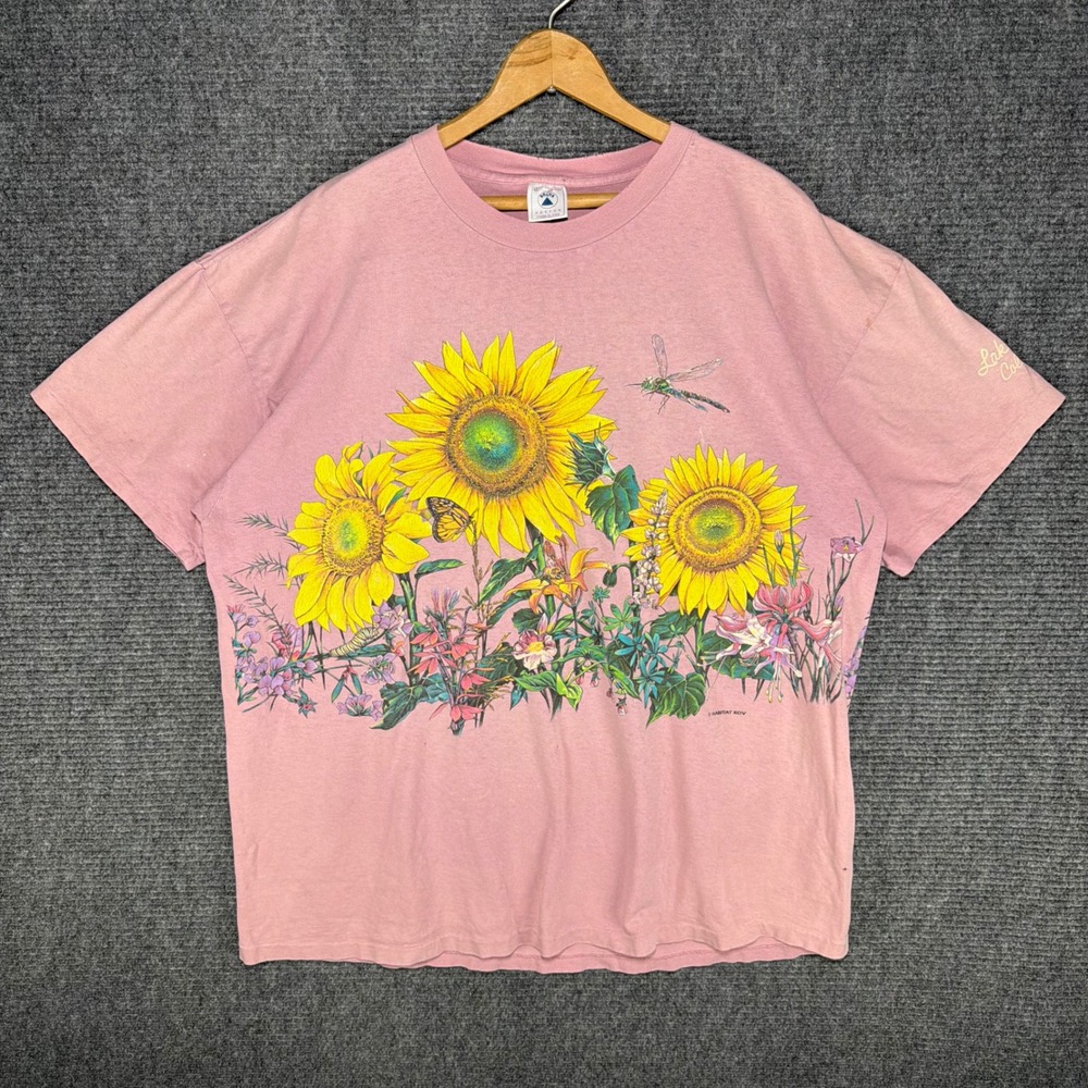 Vintage 90s Habitat Sunflower T Shirt Pink Nature Graphic Tee XL Made in USA